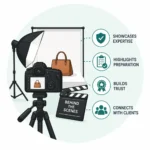 Behind-the-scenes illustration showing a professional product photography setup with camera, lighting, and studio equipment