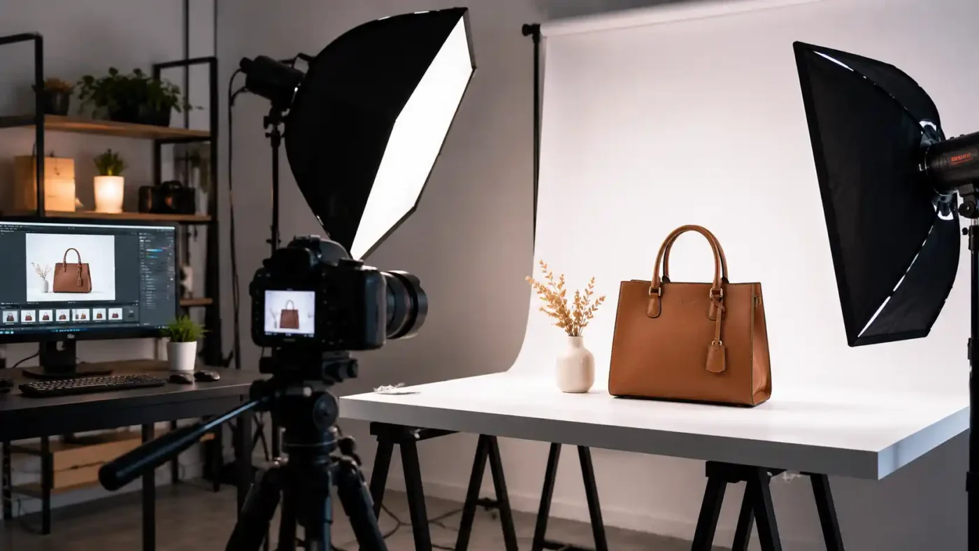 Behind the scenes of a professional product photoshoot showing a studio camera, lighting setup, and product photography workspace.