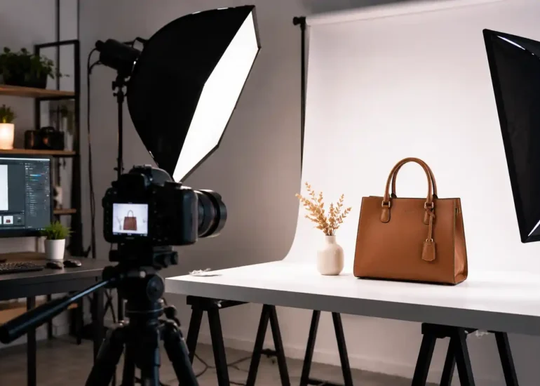 Behind the scenes of a professional product photoshoot showing a studio camera, lighting setup, and product photography workspace.
