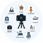 Behind-the-scenes illustration showing a professional product photography setup with camera, lighting, and studio equipment